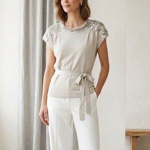 Boss Hugo Boss Size Large Grey Top Cap Sleeve Metallic Luxury Petal Embellish